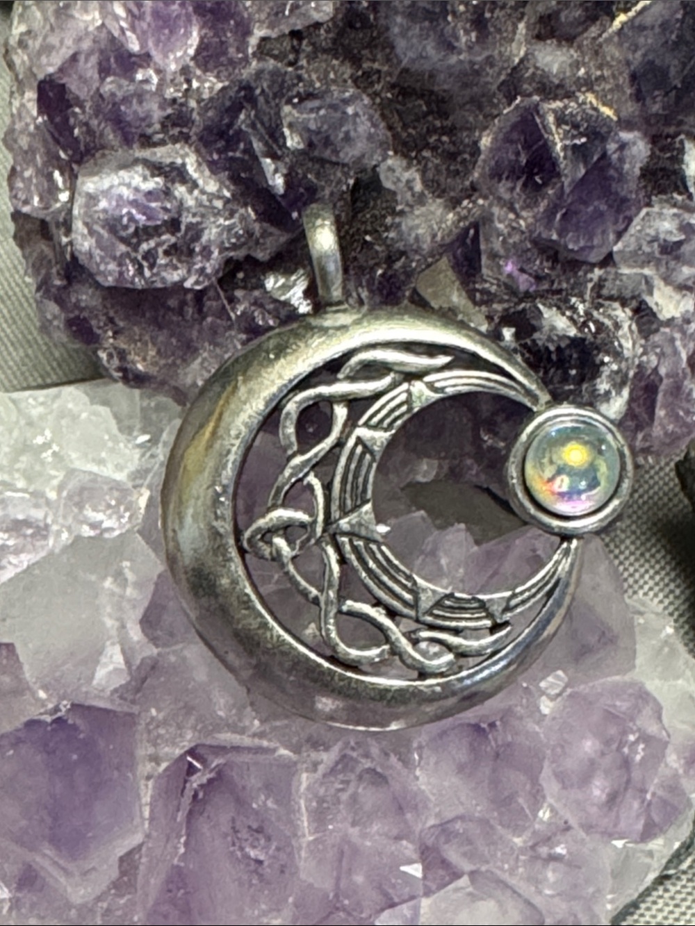 Iridescent Stone Crescent Moon Pendant Necklace - Silver Tone